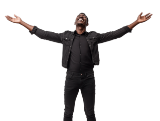 Emotionally excited man waving hands and smiling broadly, isolated on a white background full-length