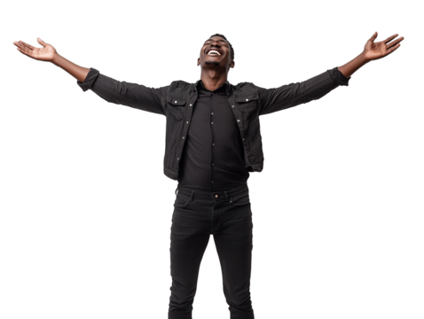 Emotionally excited man waving hands and smiling broadly, isolated on a white background full-length