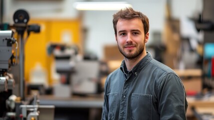Obraz premium This portrait captures a young European male engineer standing confidently in a workshop, showcasing his professional skills and passion for engineering in a modern industrial setting.