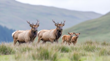 Obraz premium Elk family grazing in mountain pasture, wildlife conservation