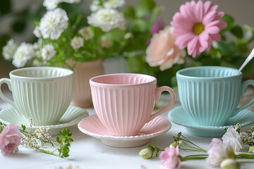 Serene display of pastel colored ceramic cups and saucers surrounded by fresh flowers and soft sunlight on a white table