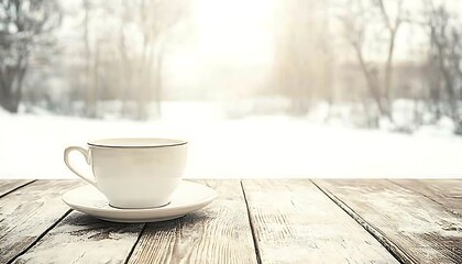 A White Coffee Cup Sits on a Wooden Table Outdoors