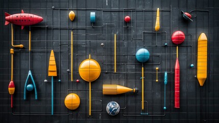 Abstract Kinetic Art Installation Colorful Geometric Forms and Metal Structure