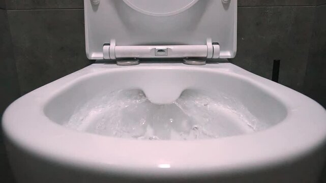 Clean water flowing and filling white ceramic toilet flushing in modern bathroom lined with dark grey tiles demonstrates hygiene and sanitization process of bathroom. Slow motion.