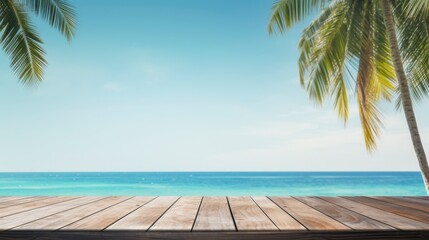 Wooden table top on blur beach background, display or montage products