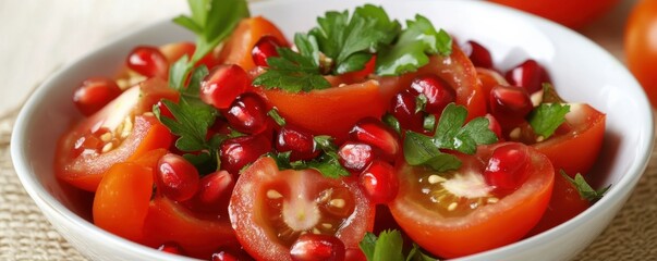 Fresh tomato and pomegranate salad with parsley in a white bowl