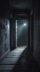 A dimly lit hallway beckons with an open door, a single ray of light shining through, creating an atmosphere of mystery and intrigue.