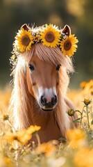 Adorable light brown pony wearing a sunflower crown in a field of yellow flowers. Golden hour lighting adds to the magical scene.