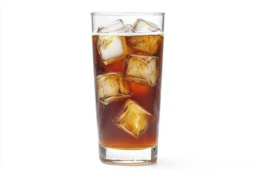 Iced coffee with clear ice cubes in a tall glass against a plain white background, capturing a refreshing summer drink with focus on clarity.
