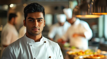 Fototapeta premium A young South Asian man in a chef's uniform poses confidently in a bustling kitchen. The image captures the spirit of culinary excellence and dedication.