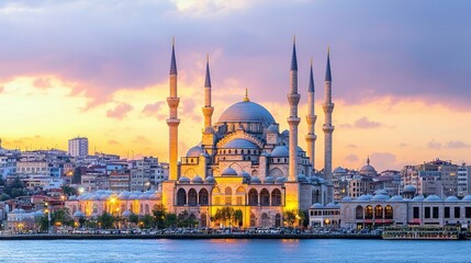 Obraz premium Magnificent Ottoman Mosque Silhouette Against Colorful Sunset Sky Over The Bosphorus in Istanbul