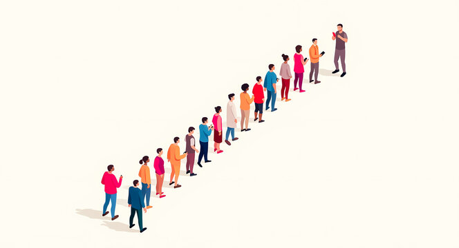 diverse people in a long queue waiting patiently