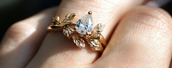 Obraz premium Elegant gold leaf ring with tear-shaped diamond on finger