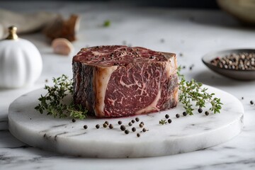A raw ribeye steak, seasoned with peppercorns and thyme, rests on a marble platter, showcasing its marbling and freshness, ready to be cooked for a delicious meal.
