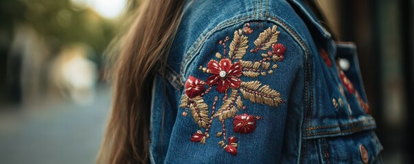 Embroidered floral denim jacket close-up with red and gold design
