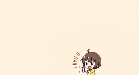Fototapeta premium child character enthusiastically announces a message via a megaphone in a cartoon