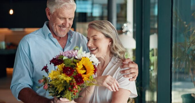 Senior couple, surprise and flowers for gift, love or congratulations with valentines day present. Embrace, man and giving woman bouquet for romance, laugh and celebrate marriage in retirement home