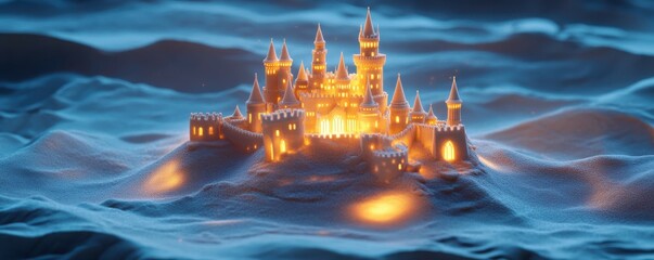 Illuminated fantasy castle on snowy landscape at dusk