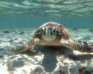 Obraz premium Underwater close-up of a sea turtle on sandy ocean floor. (1)