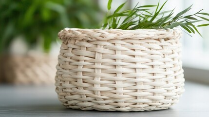 Cream-colored woven basket on a surface with plants, interior.  Possible use home d?cor