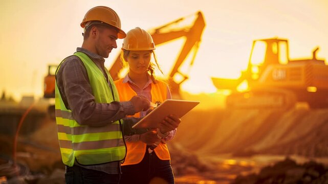 Female Inspector Talking to Male Land Development Manager With Tablet On Construction Site Of Real Estate Project. Excavators Preparing For Laying Foundation. Hot Sunny Day