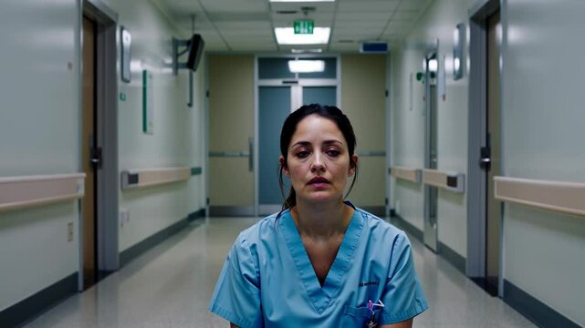 Nurse sitting in hospital corridor, tired expression reflecting exhaustion, hospital setting illuminated by fluorescent light, nurse gathering strength after long shift dedication shaping patient care