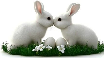 Two White Bunnies Kissing Amongst Easter Eggs and Green Grass