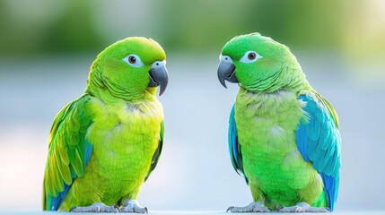 Two green parrots facing each other, outdoors