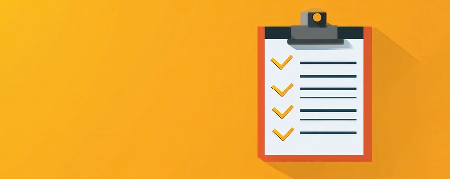 Checklist on clipboard with orange background: organization and task management concept