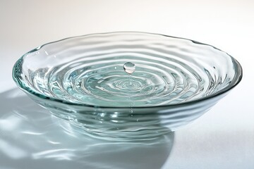 A water droplet falling into a glass bowl creates concentric ripples, showcasing the fluidity and tranquility of water.