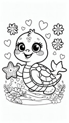 An adorable baby sea turtle, holding a starfish, is surrounded by hearts and flowers, perfect for a coloring page.