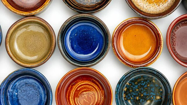 Colorful collection of pottery bowls arranged in a decorative pattern in natural light