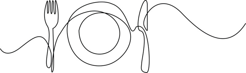 fork, spoon, knife and plate Continuous One Line Drawing, One line drawing of cutlery, Line drawing Menu food design vector illustration.