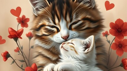 Mama cat with her kitten, Mother'd Day greeting card illustration