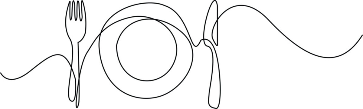 Naklejki fork, spoon, knife and plate Continuous One Line Drawing, One line drawing of cutlery, Line drawing Menu food design vector illustration.