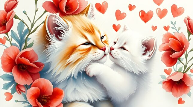 Mama cat with her kitten, Mother'd Day greeting card illustration