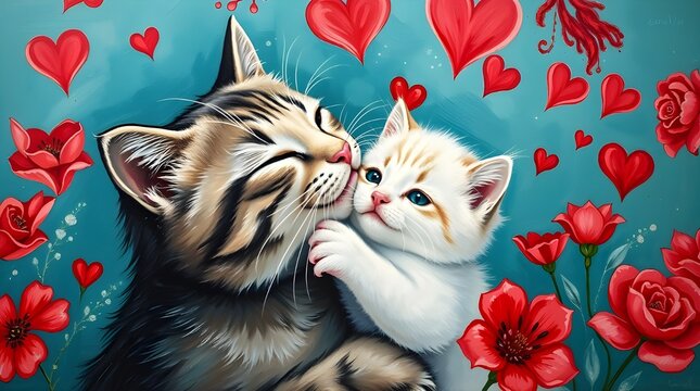 Mama cat with her kitten, Mother'd Day greeting card illustration