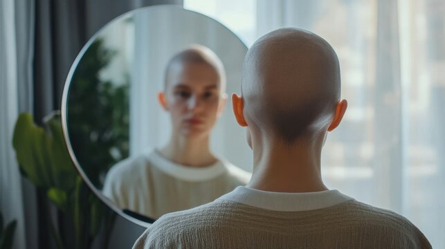Hair loss in a modern living room, a person looking at their reflection in a mirror. Featuring self-reflection and self-confidence