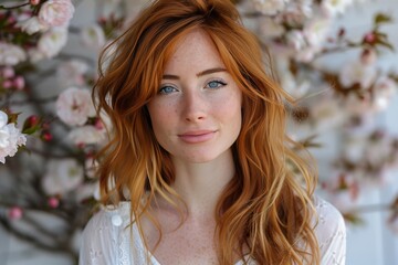 Obraz premium Woman with red hair, light freckles, blue eyes in blooming garden in spring