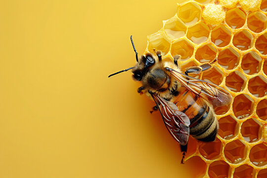 Macro photography of working bees in honeycombs beehive and collecting honey nectar. Concept of organic eco-products, extraction, agriculture and healthy with copy space