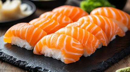 Luxury sushi rolls on a black plate, showcasing fresh salmon, avocado, and rice. Served in a high-class restaurant, symbolizing sophistication, fine dining, and culinary artistry.

