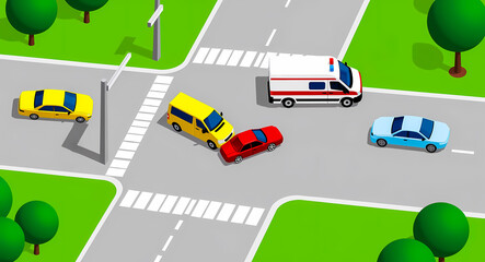 bird's-eye view of a car accident at a crossroads with an arriving ambulance