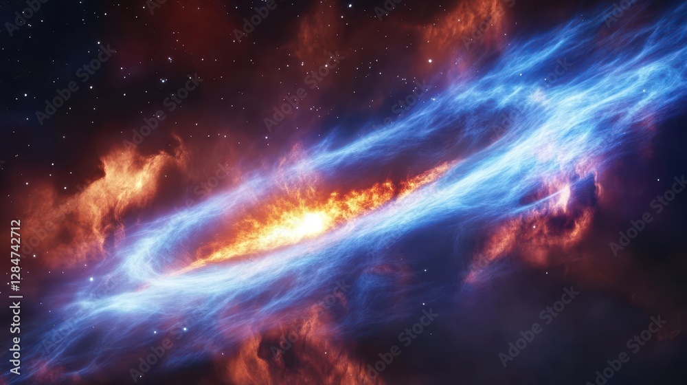 Poster cosmic aurora dance in deep space with electric blue plasma waves and magenta nebula clouds creating