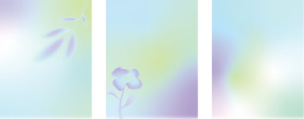 Set of vector grainy gradients in pastel green purple colors. Blurred flower details. For covers, wallpapers, branding and other projects. Grainy texture background