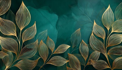 Luxury watercolor background with golden branches and leaves in line art style. Botanical abstract green wallpaper for banner design, textile, print, decor.