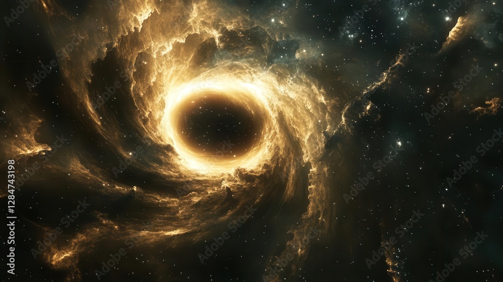 Wall mural dark cosmic phenomenon black hole vortex with surrounding nebula clouds and distant stars in deep sp