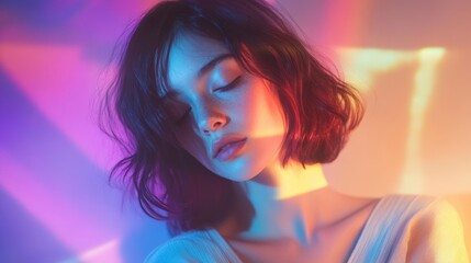 Naklejka premium Portrait of a young woman illuminated by a ray of soft multi-colored light. Concept of inner peace and spiritual awakening. Calm aesthetics, minimalism with a sense of cosmic wonder.