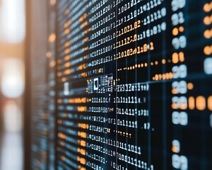 A digital screen displaying binary code with numeric characters