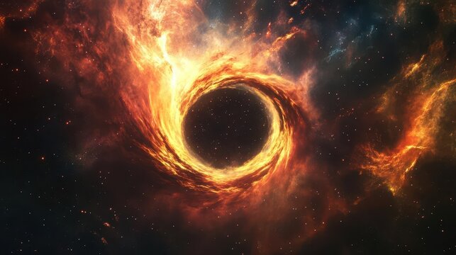 Dark Cosmic Phenomenon Black Hole Vortex with Surrounding Nebula Clouds and Distant Stars in Deep Space Scientific Visualization