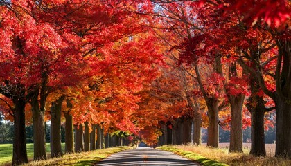 Naklejka premium red autumn foliage explodes in a row of trees on a country lane on a sunny fall day